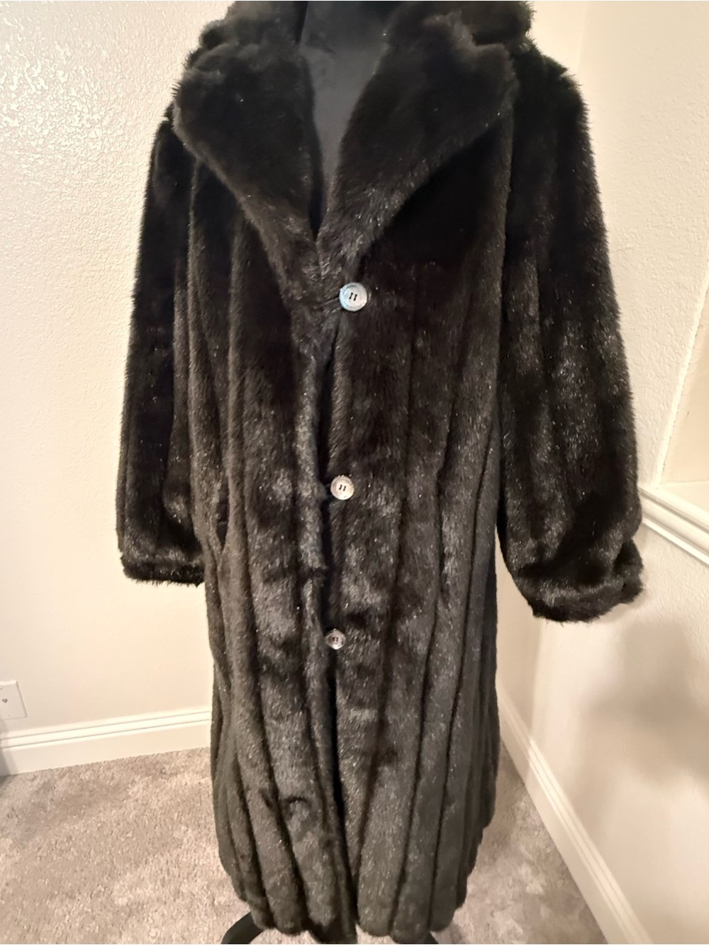 Black Plush Faux Fur Long Coat with Notch Lapel